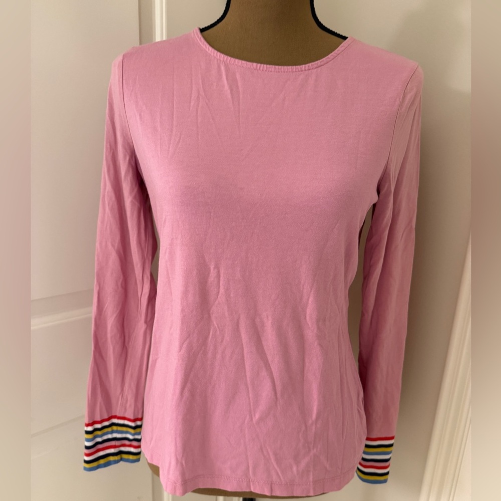 Boden Supersoft Crew Neck Top Orchid Pink Multi Cuff Stripe
